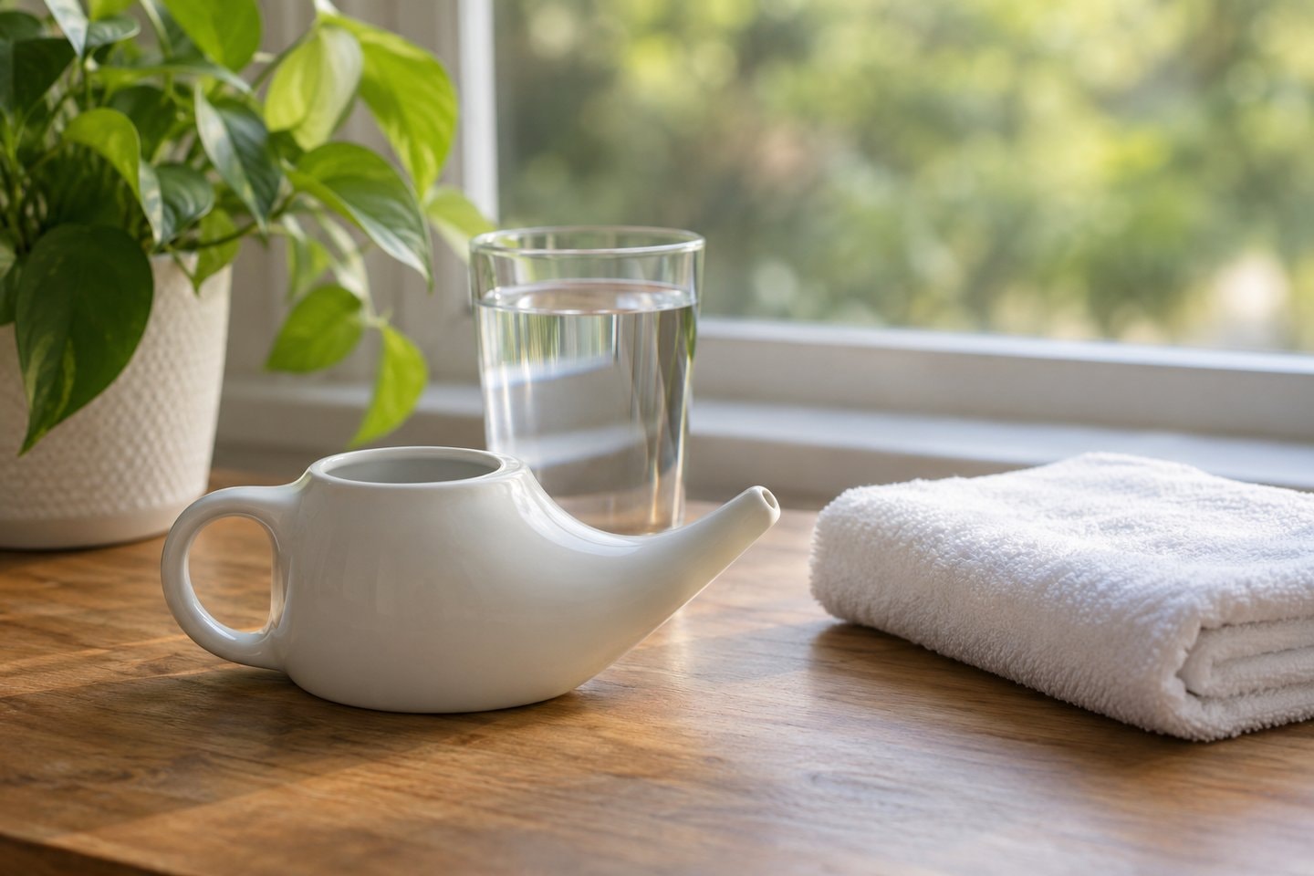 Plain ceramic neti pot beside a folded towel and a glass of water.
