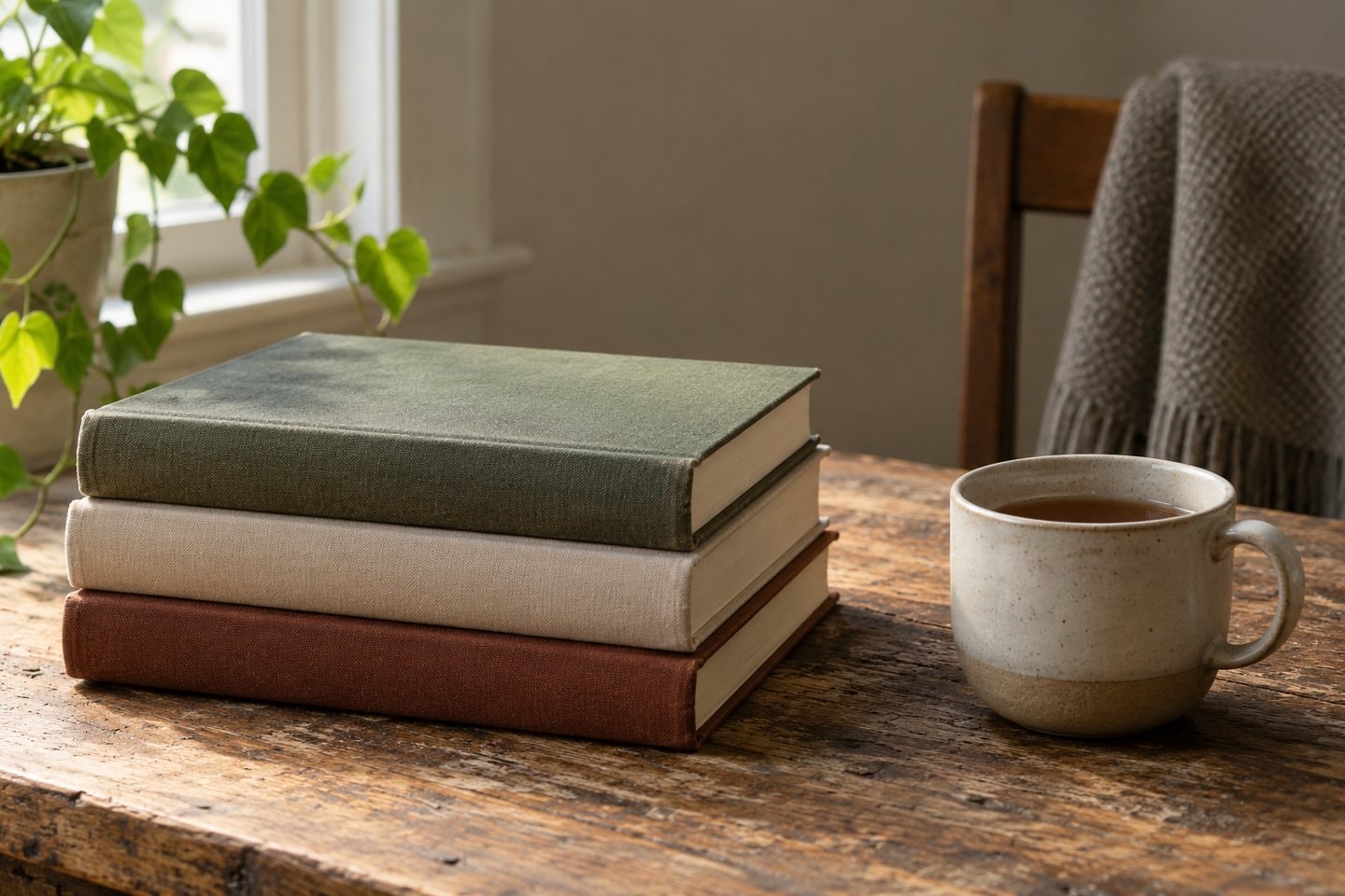 Cloth-bound books with blank spines beside a cup of tea.