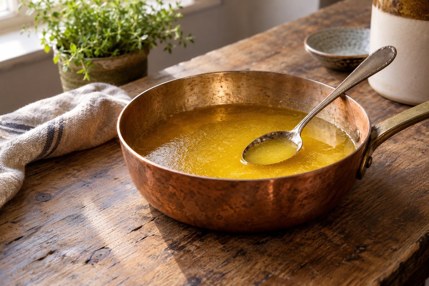 Copper pan of golden ghee with a spoon on a wooden table.