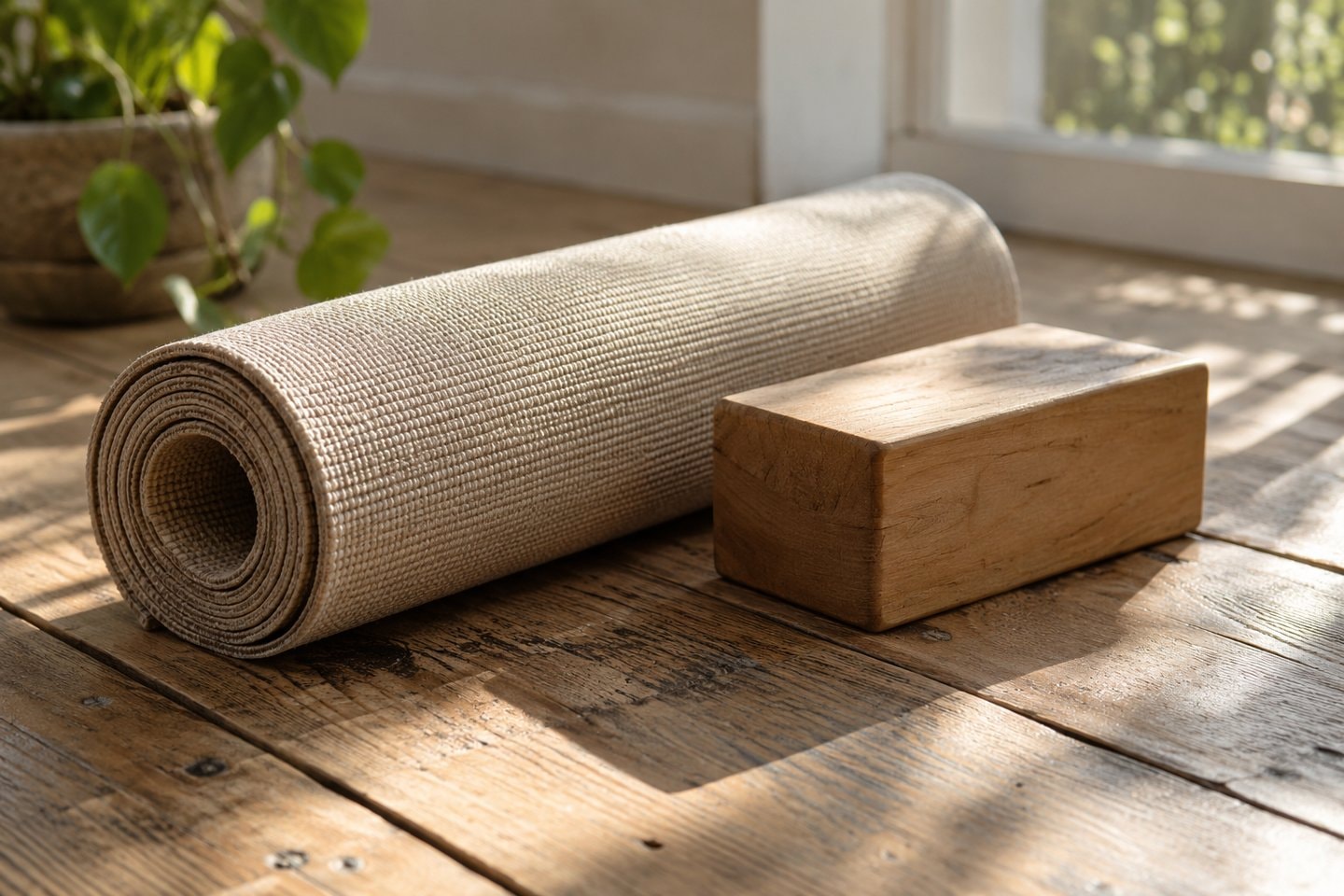 Rolled mat and a wooden block on a plank floor.