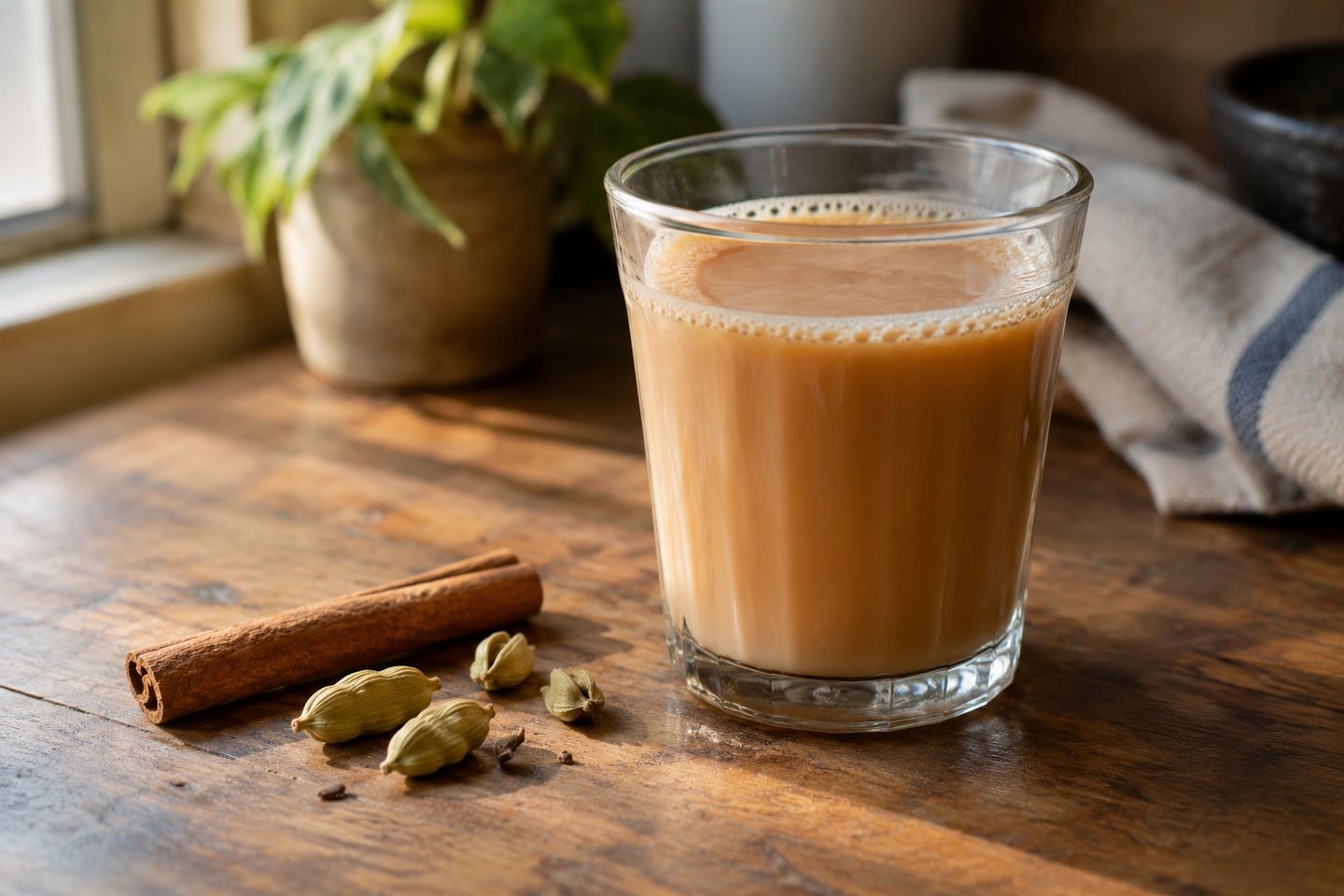 Glass of masala chai beside cardamom pods and a cinnamon stick.