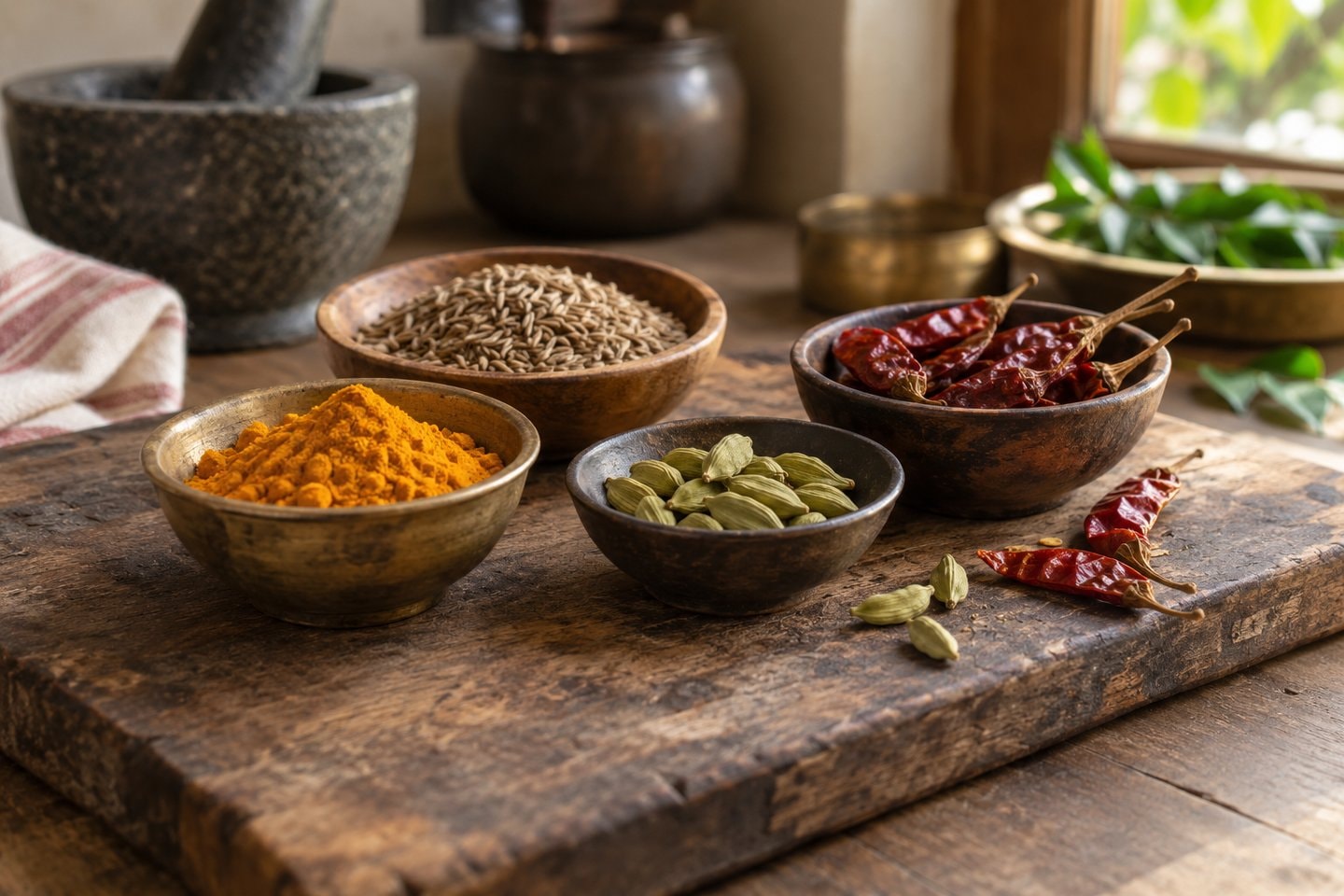 Small bowls of turmeric, cumin, cardamom and dried chillies on a wooden board.