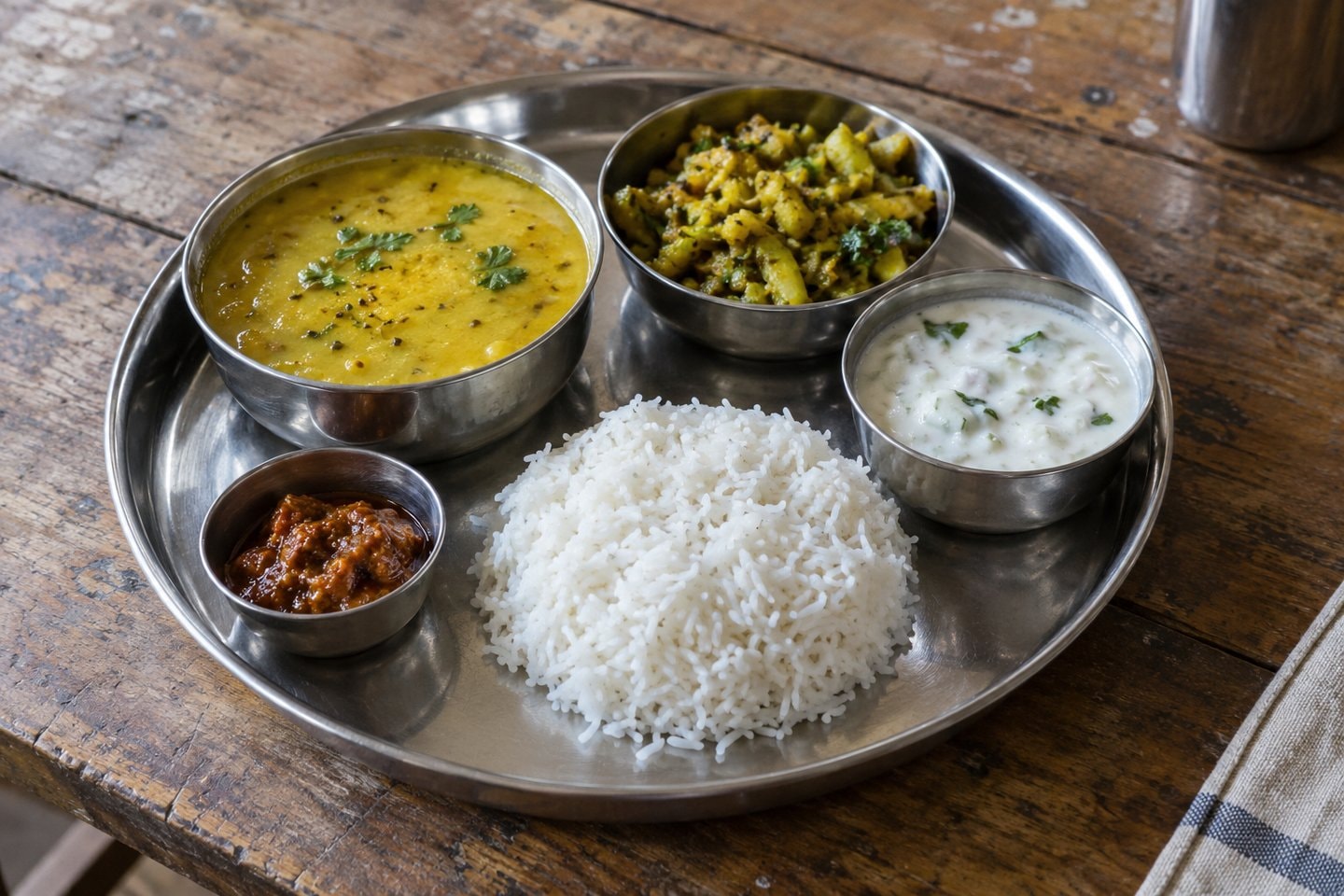 Steel platter with rice, dal, vegetables, chutney and raita.
