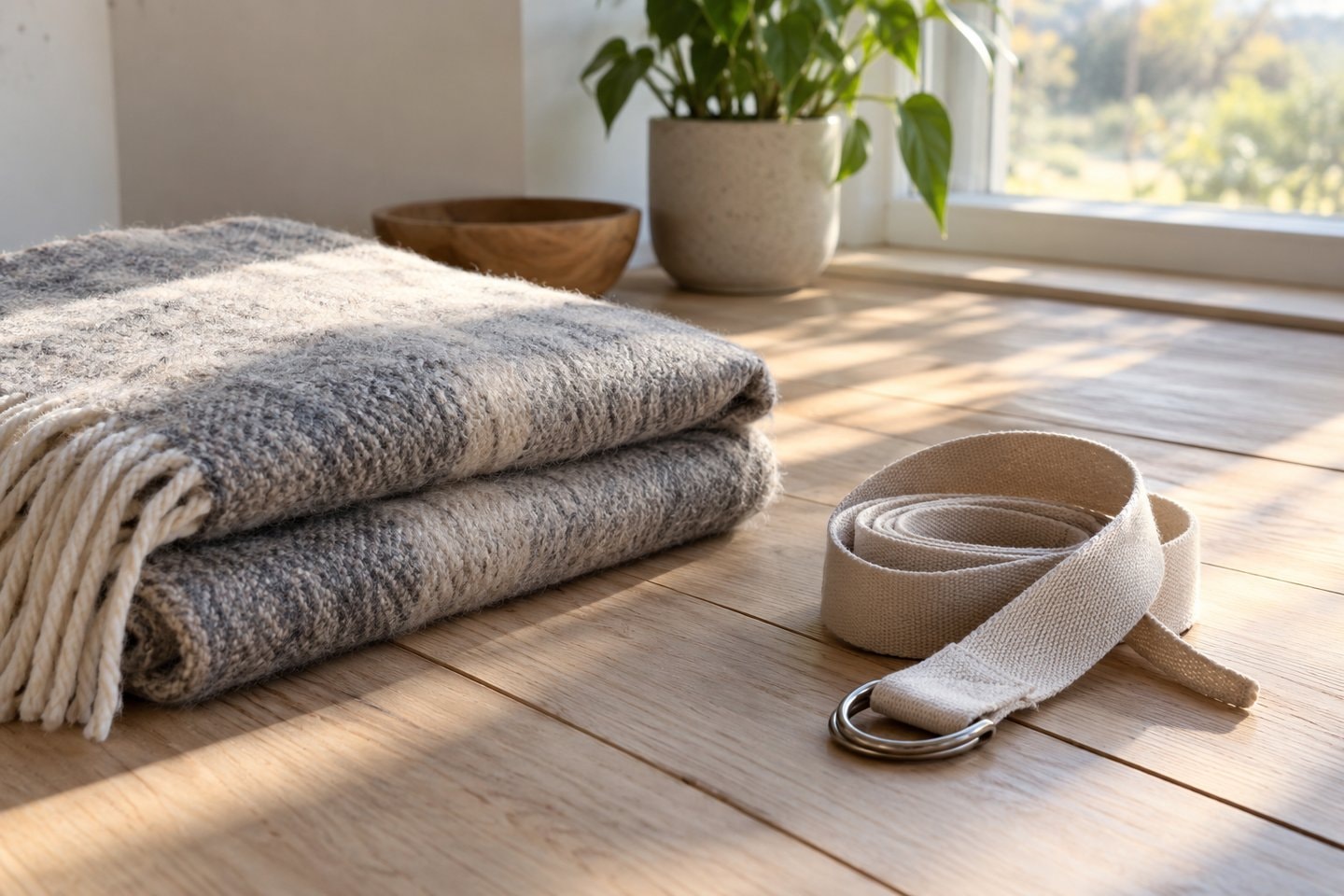 Folded blanket and a cotton strap beside a sunlit window.